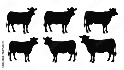 Six black silhouettes of cows standing in a row, facing different directions. isolated on white background, Vector