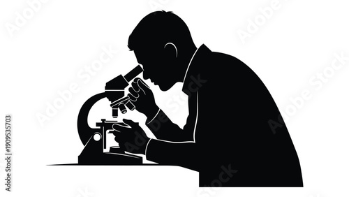 A silhouette of a scientist intently examining a sample under a microscope. isolated on white background, Vector