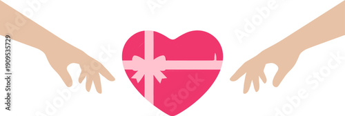 Conceptual illustration of two hands reaching for a pink heart shaped gift box with a bow,