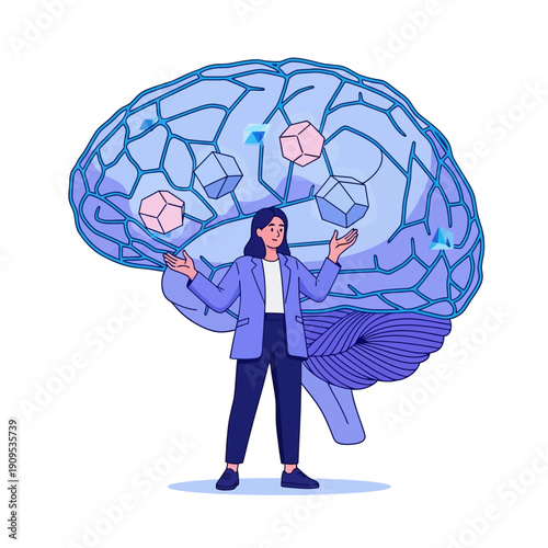 Woman juggling geometric shapes inside a large stylized brain concept for learning
