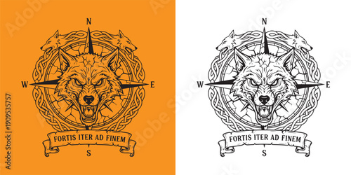 Aggressive Wolf Snarling with Compass and Celtic Ornament Emblem