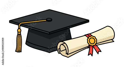 Classic academic graduation cap with golden tassel and rolled diploma scroll tied with a red ribbon and seal, symbolizing educational achievement for university graduates.