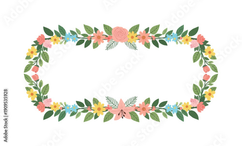 Decorative floral frame featuring an array of colorful blooming flowers and fresh green leaves, perfect for spring invitations, wedding stationery, and special occasion announcements.