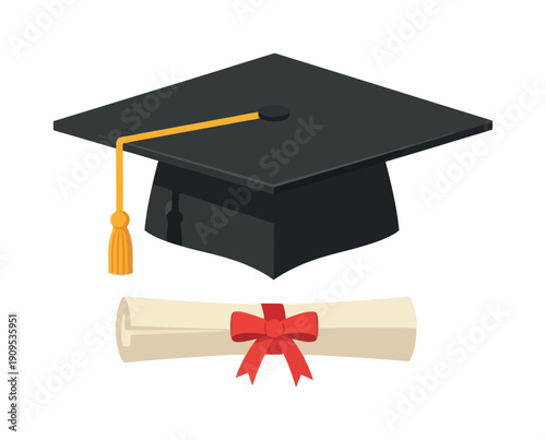Classic academic graduation cap with golden tassel and rolled diploma scroll tied with a red ribbon, representing success, achievement, and learning milestones for educational materials and