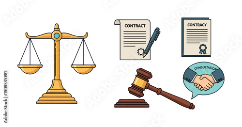 Comprehensive collection of legal and justice themed symbols including scales, contracts, gavel, and consultation handshake for legal services marketing and educational materials.