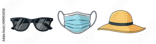 Holiday travel essentials pack with a medical mask, dark sunglasses, and a woven sun hat, ideal for health and recreation marketing materials