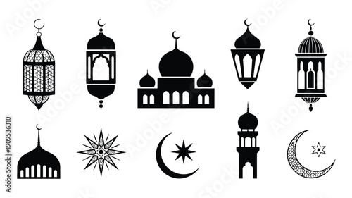 Set of Arabic lanterns and crescent moon symbols with mosque architecture icons for Islamic holiday design, top ranked festive visuals, invitation templates, event posters, decorative wallpapers