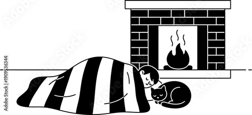 Person and cat relaxing by fireplace under striped blanket, cozy comfort and warmth concept, black and white vector illustration
