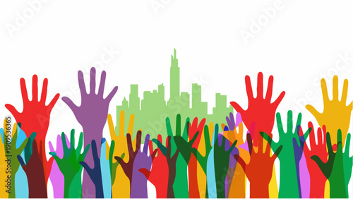 Diverse hands raised in unity against city skyline background