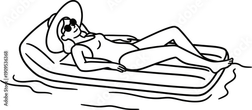 Woman relaxing on an inflatable mattress in water during summer holiday vacation. Outline vector illustration for travel, rest, pool party design