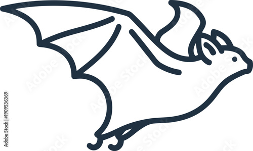 Flying linear bat outline icon, symbol, or illustration perfect for Halloween celebration, nocturnal animal concept, or spooky night design