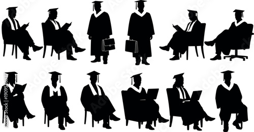 Graduation student silhouettes wearing academic gowns, education ceremony success concept illustration isolated white study flavector