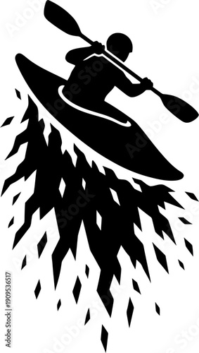 Man kayak athlete rowing in river water splash. Extreme sport. Water sport activity. Strong man race. Power training. Vector illustration, icon