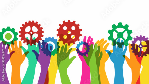 Diverse hands working together with colorful gear cogs in unity
