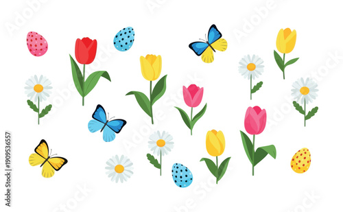 A joyful collection of spring elements featuring colorful tulips, fresh daisies, graceful butterflies, and festive Easter eggs, perfect for holiday greetings and cheerful seasonal projects