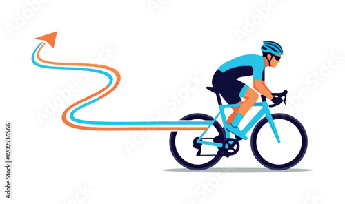 Cyclist riding a modern road bicycle with an upward moving wavy arrow trail representing progress and speed, ideal for sports, achievement, or business growth concepts.