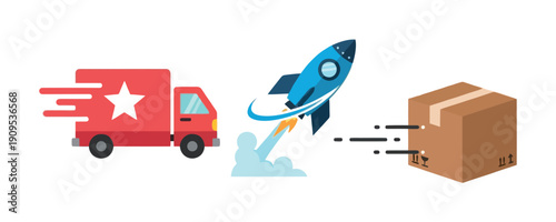 Dynamic visual depicting a fast delivery truck, a launching rocket, and an express moving package, perfect for conveying rapid shipping, efficient logistics, and quick transportation