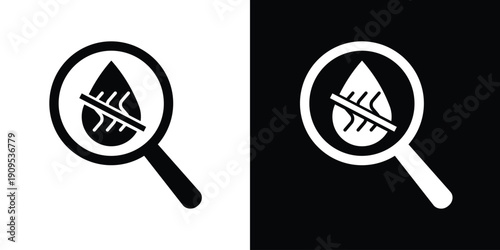 Magnifying glass focused on a crossed-out water drop. Concept for oil-free testing, water scarcity, liquid detection, or filtration failure. Minimalist flat vector design for technical use.