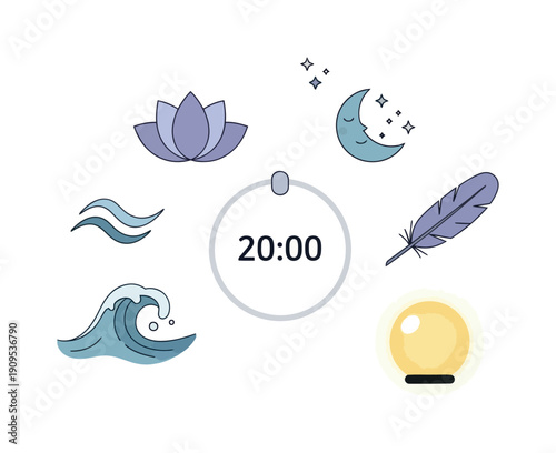 Mindfulness meditation timer displaying 2000, surrounded by calming symbols including a purple lotus, sleeping moon, gentle waves, and a soft feather, ideal for wellness applications and