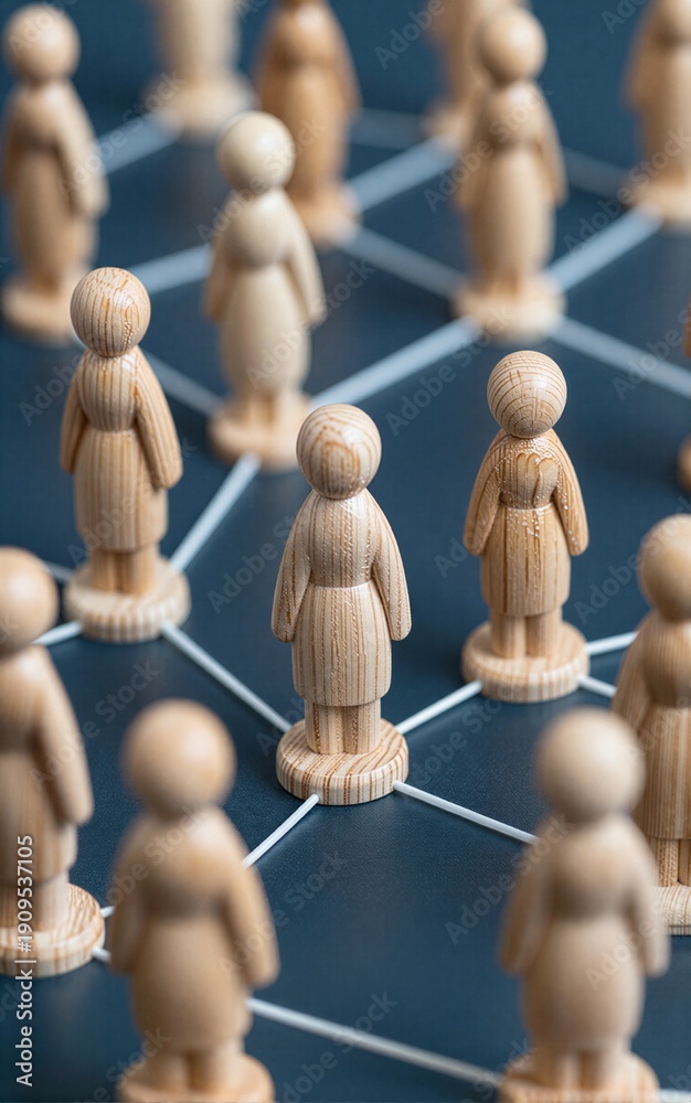 Obraz premium Wooden figures stand in network grid, symbolizing human connections and collaboration.