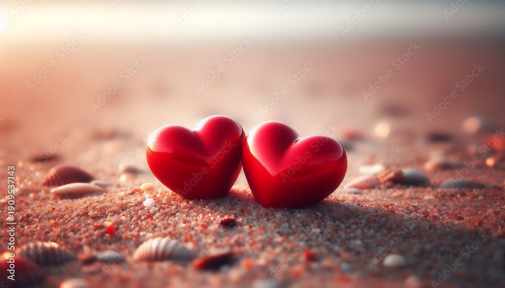 Fototapeta premium Two red hearts on sandy beach with seashells at sunset