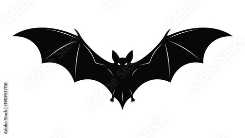 A black silhouette of a bat with outstretched wings against a white background isolated on white background, Vector