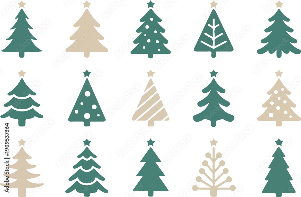 Fototapeta premium Stylized Teal Christmas Tree Vector Set Festive Holiday Icons