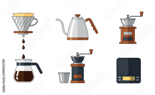 Essential tools for crafting delicious homemade pourover coffee, including a dripper, gooseneck kettle, grinders, and a scale, perfect for culinary blogs and cafe promotions.