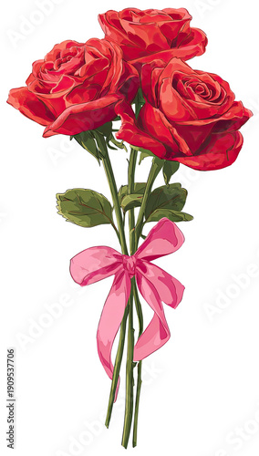 A bouquet of three vibrant red roses tied with a pink ribbon against a stark black background