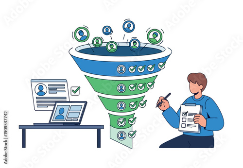 Visualizing the efficient lead generation, customer acquisition, and candidate selection process through a multistage filtering funnel, suitable for business strategy and human resources