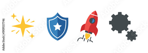 Modern business icons featuring a sparkling star for quality, a sturdy shield for protection, a red rocket for progress, and connected gears for settings, suitable for corporate