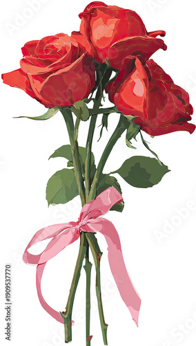 A bouquet of three vibrant red roses tied with a pink ribbon