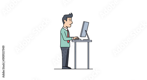 Business person actively working on desktop computer at modern standing workstation