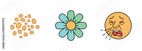 Understanding common causes and reactions to seasonal allergies with graphic elements of pollen, a colorful flower, and a sneezing face, perfect for medical presentations and health