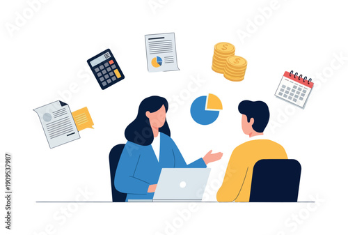 Expert financial consultant and male client review investment reports and discuss budget planning using a laptop, ideal for business and banking promotions