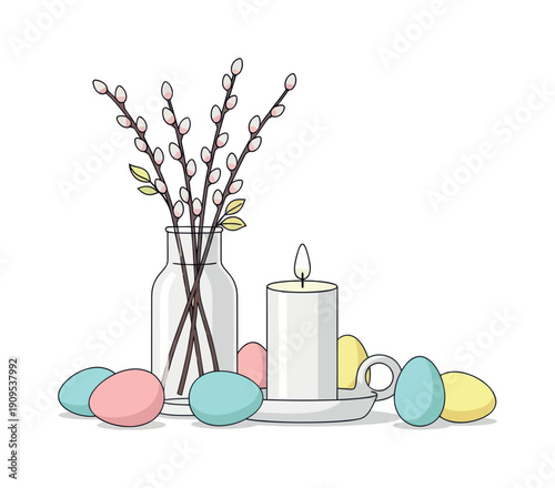 Pussy willows in a glass vase with colorful Easter eggs and a lit candle create a festive spring holiday decoration perfect for seasonal greetings and celebration announcements