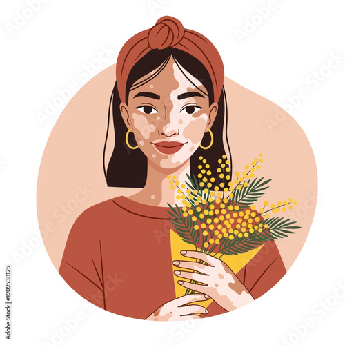 Woman with vitiligo wearing a headband holding mimosa flowers and yellow earrings