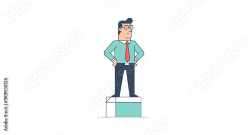 Ambitious businessman standing proudly on a pedestal, symbolizing success and achievement