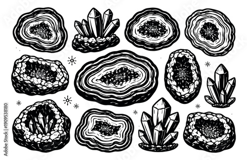 Hand drawn line art mineral set featuring various crystals, geodes, and agate slices for mystical designs and natural themes