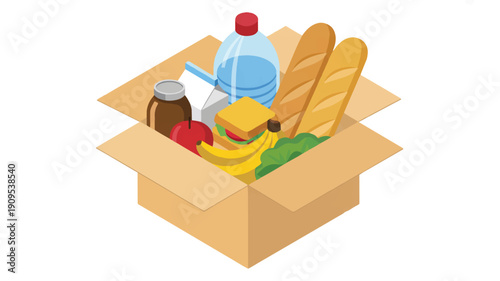 A 3D isometric illustration of a cardboard delivery box filled with various groceries (1)_traced