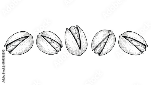Detailed black and white line drawing of five roasted pistachios in their shells arranged in a horizontal row on a white background.
