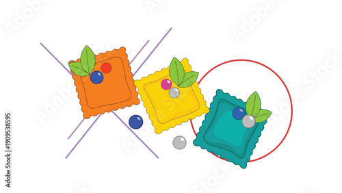 Artistic composition of orange, yellow, and teal square ravioli pasta decorated with green leaves and colorful berry-like spheres.