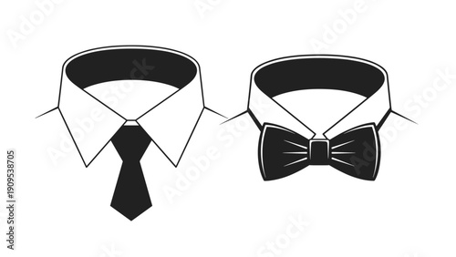 Formal attire concept featuring shirt collars with a black necktie and a black bowtie for professional dress code.