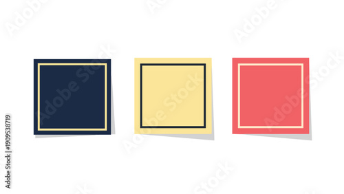 Three square sticky notes in dark blue yellow and red colors with shadows for message organization and office tasks.