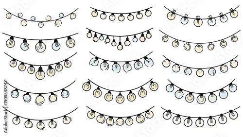 Festive light bulb garlands and strings in different styles for holiday decorations and evening celebration parties.