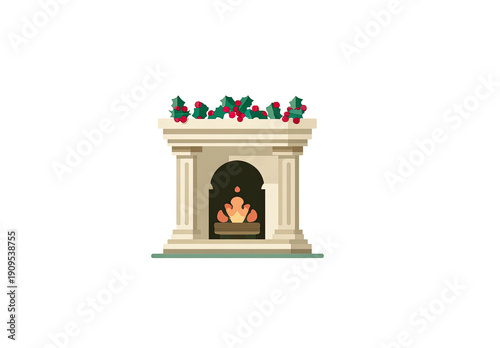 A cartoon-style fireplace with holiday decorations on the mantel and flames inside