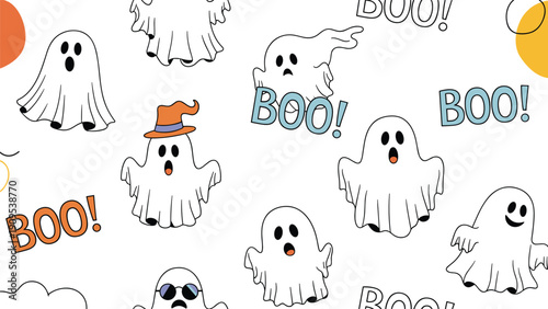 Cute halloween ghost pattern with boo text and colorful shapes creating a playful and festive holiday background.