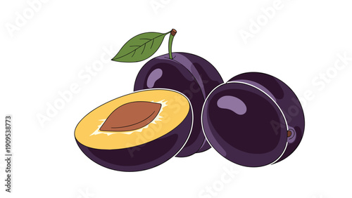 Group of ripe purple plums including a half cut piece showing the inner pit and a green leaf on a white background.