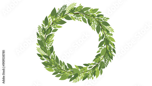 Lush green circular wreath made of various leaves for organic branding nature themes and decorative spring designs.