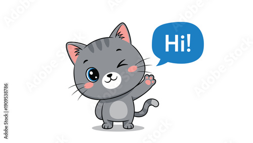 Adorable cartoon gray cat character waving a paw and saying hi in a blue speech bubble on a clean white background.